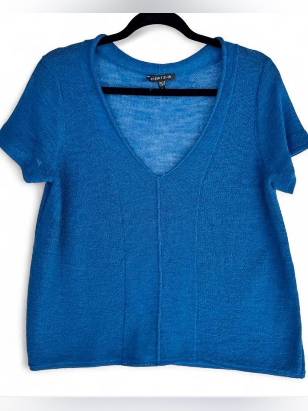 Eileen Fisher 100% Wool V-Neck Short Sleeve Sweater - Bright Blue